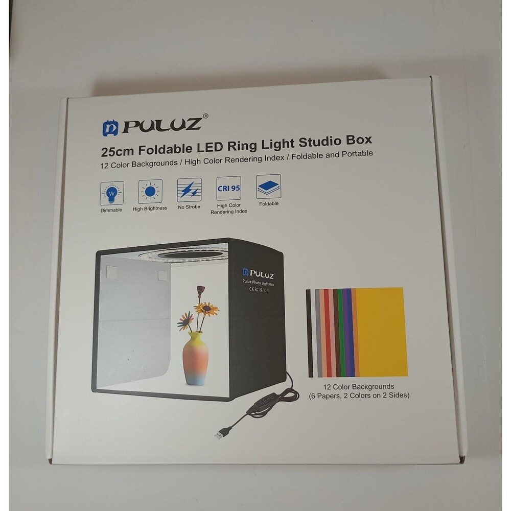PULUZ 25cm Foldable LED Light Box Photo Studio Tent 104 LEDs CRI 95 12 Backdrops